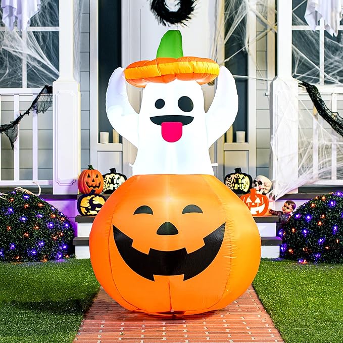 Joiedomi 5 FT Halloween Inflatable Ghost Outdoor Decorations, Blow Up Yard Decorations in Pumpkin, Blow Up Ghost Inflatable with LEDs for Cute Halloween Decor