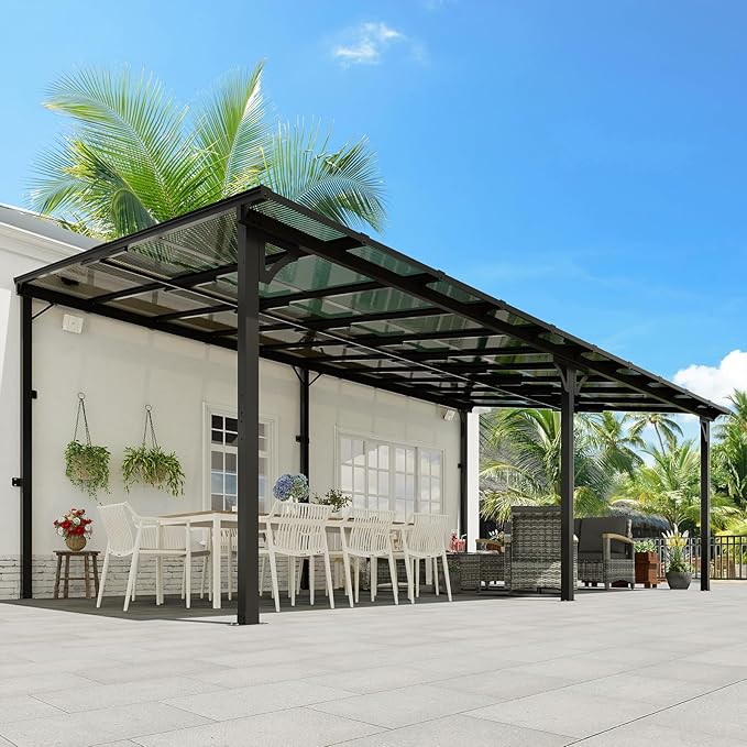MEISSALIVVE 12' x 20' Wall Mounted Gazebo, Outdoor Pergola Gazebo, Lean to Metal Awnings Gazebos, Gazebo Pergola with Sloped Roof, Outdoor Patio Gazebo Awning, Black