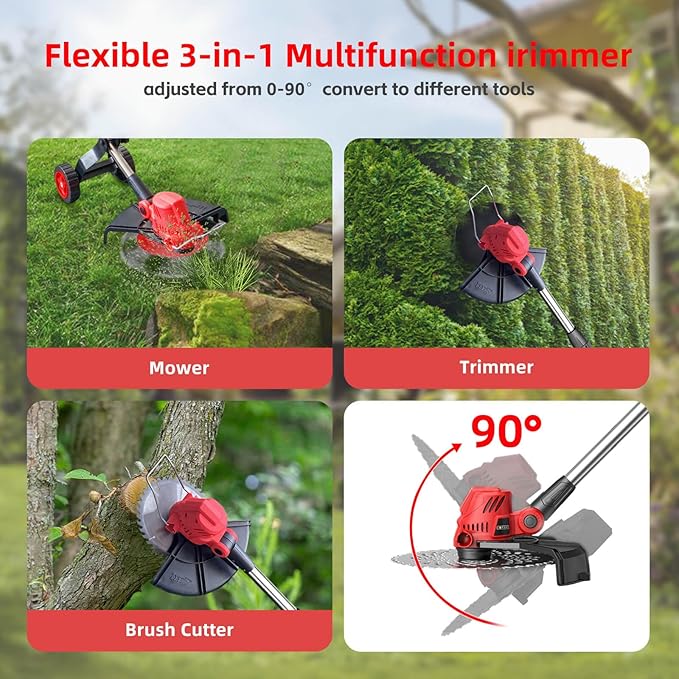 20000 RPM Electric Weed Wacker with Wheel, 3-in-1 Brushless Brush Cutter/String Trimmer/Grass Trimmer/Lawn Mower, 9" Cordless Weed Eater Battery Powered, 2 * 2000mAh Battery, 4 Blade and Charger