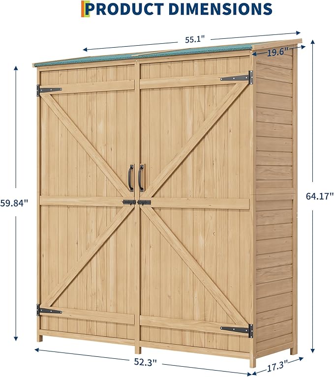 Outdoor Wooden Large Storage Cabinet Garden Shed Outside Wood Tool Organizer with Waterproof Roof Shelves 2 Doors & Adjustable Shelving for Garden Yard Organization
