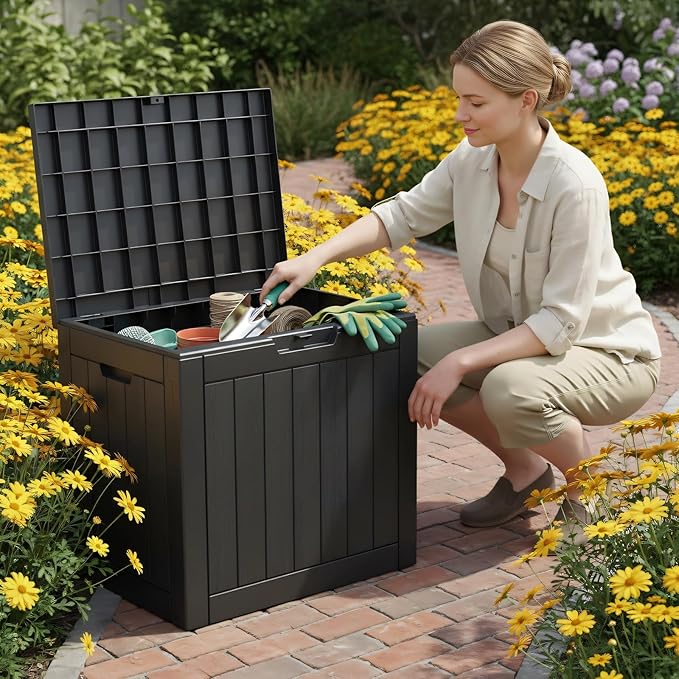 31 Gallon Deck Box, Small Outdoor Storage Box Waterproof, UV-Resistant and Weatherproof Outside Resin Storage Bin for Outdoor Patio Furniture Pillows, Pool Supplies, Garden Tools, Black