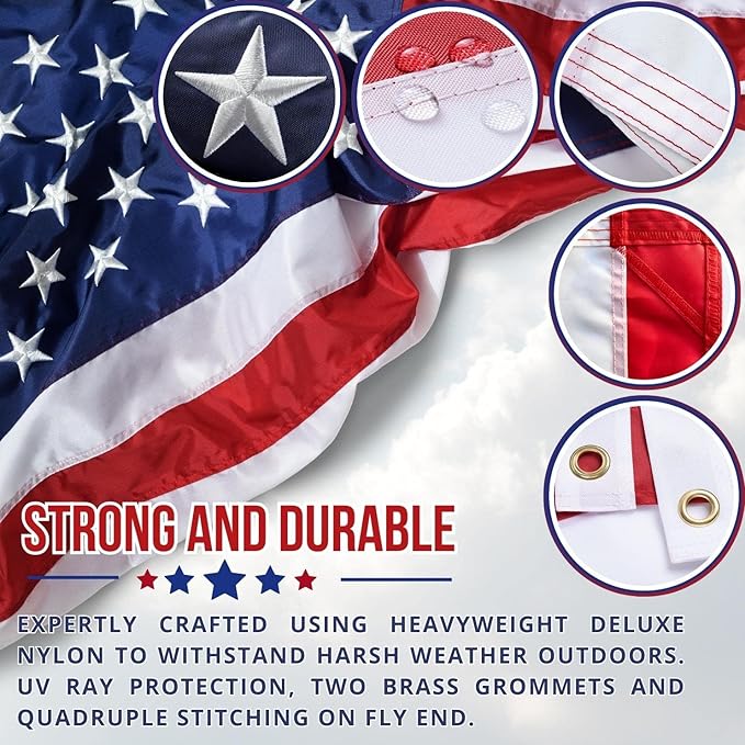 American Flag - Heavy-Duty US Flag - Embroidered Stars - Nylon USA Flag Built for Outdoors - Sewn Stripes - UV Protection - Brass Grommets (4x6 ft)