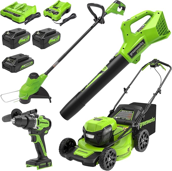 Greenworks 48V (2x24V) Lawn Mower Combo Kit with 21" Steel Deck, 12" String Trimmer, 320 CFM Blower, and Brushless 1/2" Drill Driver Ideal for Yard & Indoor