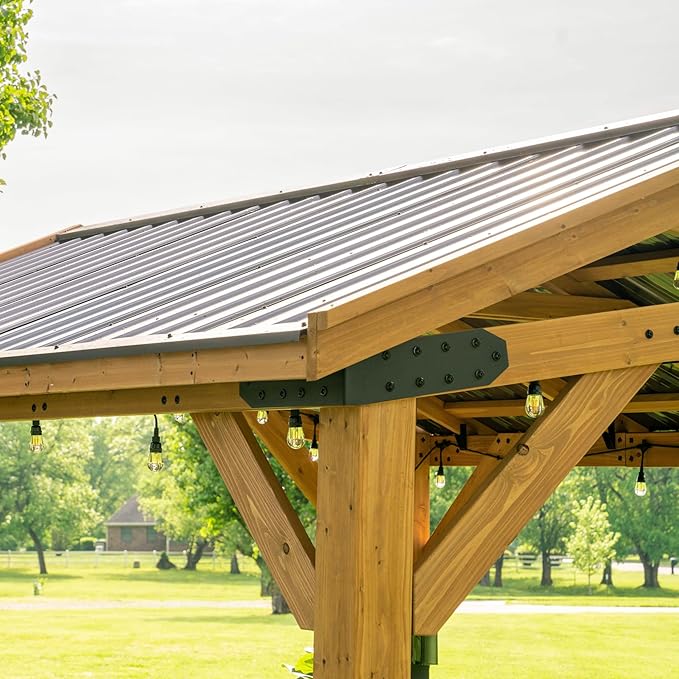 Backyard Discovery Norwood 10' x 10' Cedar Wood Outdoor Gazebo Pavilion with Hardtop Galvanized Steel Peak Roof, Snow Support, Wind Resistance, PowerPort, Shade for Garden, Patio, Deck, Entertaining
