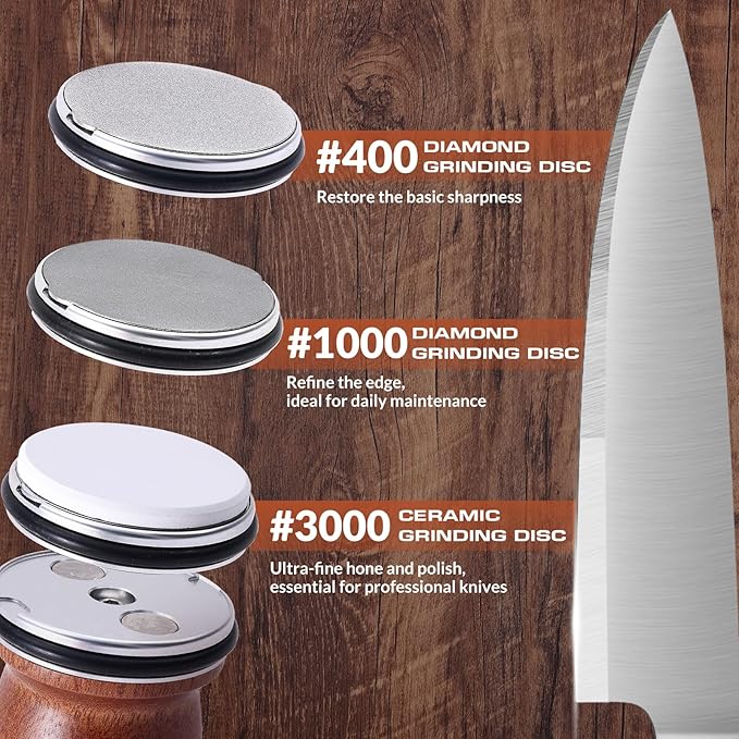 Rolling Knife Sharpener Kit, Kitchen Knife Sharpener with Replaceable Discs Diamond & Ceramic Knife Sharpeners Roller, Magnetic Knife Sharpening Kit with 15 & 20 Degree Base, Afilador De Cuchillos