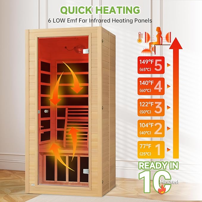 Real Relax Infrared Home Sauna, 1 Person Canadian Hemlock Wood Indoor Dry Saunas with Red Low Emf Light Therapy, Bluetooth Speakers, 9-Color Chromotherapy Lights, 110v for Personal Spa