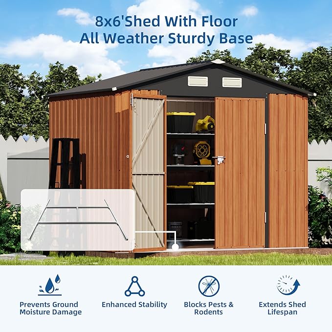 6x8FT Outdoor Storage Shed, Metal Garden Shed with Floor Base, Updated Frame Structure & Lockable Doors, Large Tool Shed for Backyard, Patio,Lawn,Utility & Bike Storage