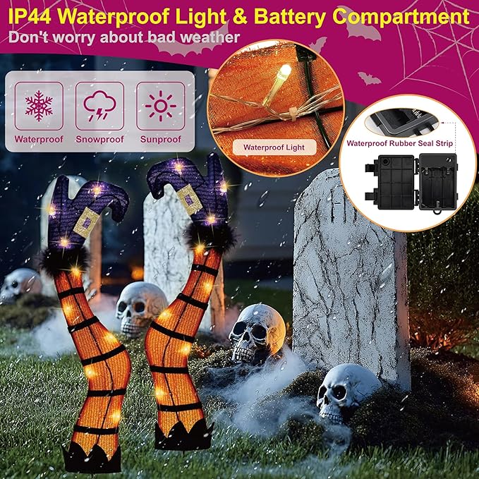 30" Halloween Lighted Witch Legs with Stakes, Light Up Witch Feet with Timer & 8 Lighting Modes, Battery Operated Witch Decor for Outdoor Yard Garden Lawns Pathway Decor (24" Leg+6" Stake)