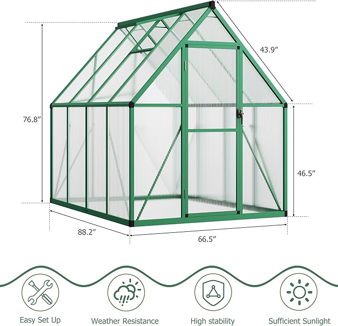 6x7 FT Outdoor Greenhouse, Polycarbonate Greenhouse with Roof Vent and Ground Nails, Aluminum Large Walk-in Green House w/ Lockable Push Door for Outside Garden Backyard (Green, 6x7 FT)