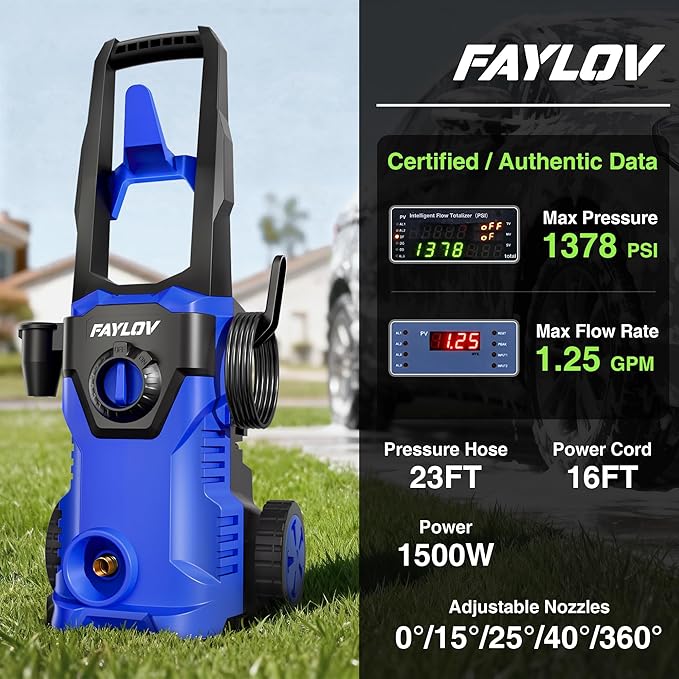 Pressure Washer - True 1378 PSI 1.25 GPM Power Washer with No-Bend 360° Nozzle, Foam Cannon & Complete 4-Nozzle Set for Car, Driveway, Patio