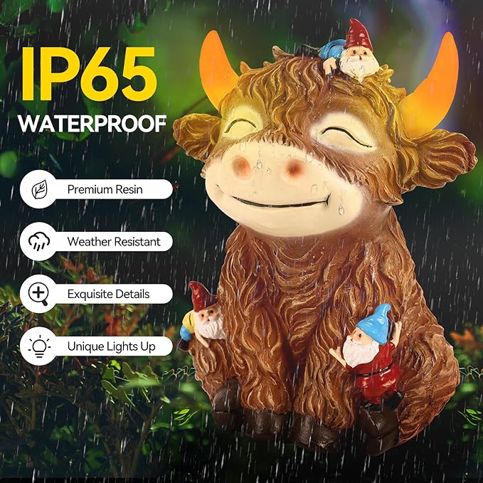 Solar Garden Statue Highland Cow Figurine with Funny Gnomes Garden Outdoor Decor for Yard Patio Lawn Christmas Housewarming Gifts for Women,Mom,Grandma (Brown)