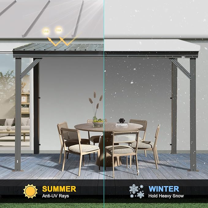 Domi 10’x10’ Lean-to Gazebo, Hardtop Wall-Mounted Gazebo Pergola with Sloping Galvanized Steel Roof and Upgraded Drainage System, Outdoor Permanent Metal Shelters for Patio Backyard Deck, Grey