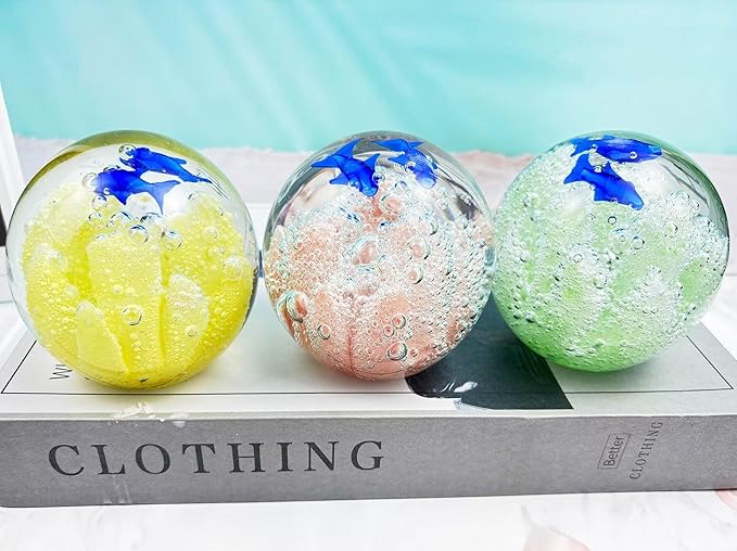 Decorative Crystal Ball Figurines Coral Fish Paperweight Blown Glass Decor Sea Art Ocean Lovers Gift Green 3.15"