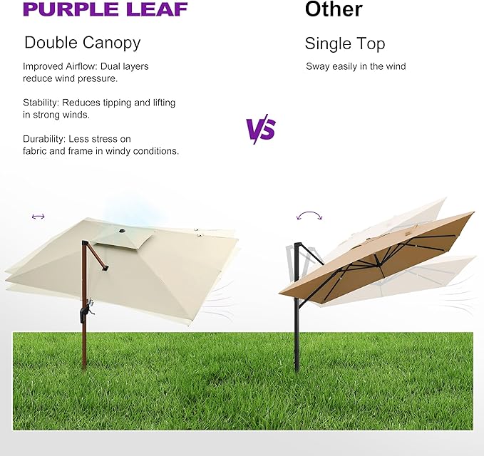 PURPLE LEAF 10' X 13' Double Top Deluxe Wood Pattern Rectangle Patio Umbrella Offset Hanging Umbrella Outdoor Market Umbrella Garden Umbrella, Cream