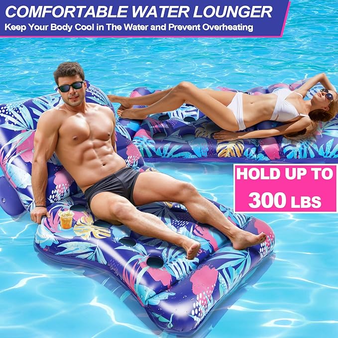 2025 New Pool Floats Adult, Inflatable Pool Lounge Floating Raft Chair with Adjustable Backrest Cup Holders for Swimming Pool Lake Beach Party, Tanning Floaties for Adults Heavy Duty
