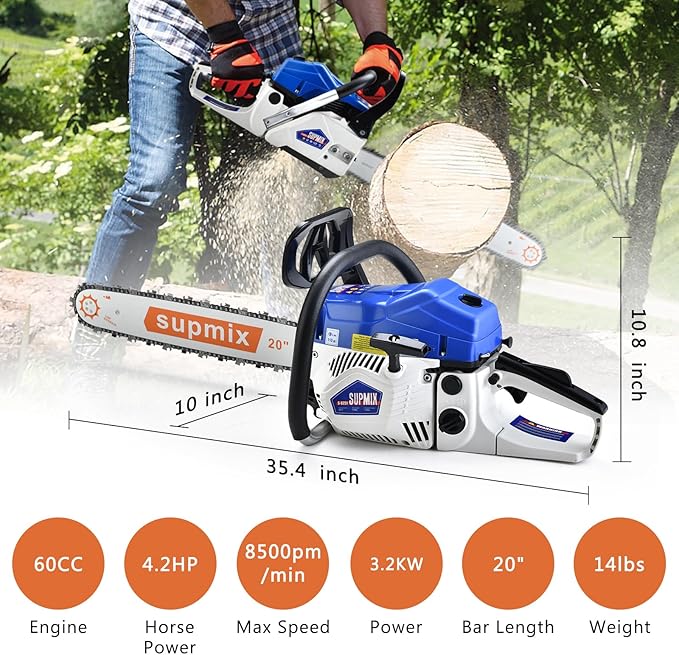 20 Inch Gas Chainsaw 62cc Gasoline Powered Chain Saw 2-Stroke Handheld Cordless Petrol Chainsaws for Cutting Wood Outdoor Home Farm Garden Use