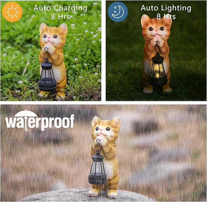 Solar Cat Garden Statue - Adorable Orange Tabby Figurine with Vintage Lantern for Outdoor Decor