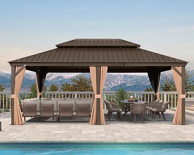 PURPLE LEAF 14' X 20' Hardtop Gazebo Patio Wide Aluminum Frame Metal Double Roof with Heavy Duty Netting and Curtains for Permanent Hard Top Pavilion Screen Khaki