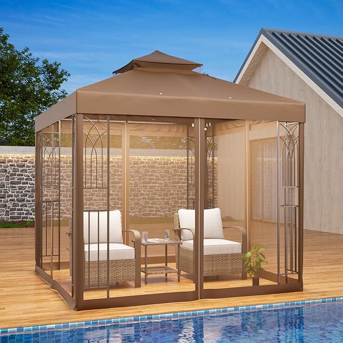 EAGLE PEAK 8x8 Patio Gazebo with Mesh Netting, Double Roof Outdoor Pavilion with Corner Shelves for Lawn, Deck, Garden and Backyard, Brown