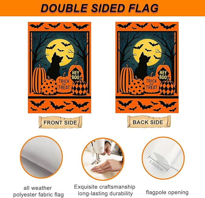IVN Happy Halloween Garden Flag 12x18 Inch Double Sided Black Cat Pumpkin Bat Moon Trick or Treat Hey Boo Outdoor Yard Flag for Outside Front Door Lawn Porch Patio Welcome Decor