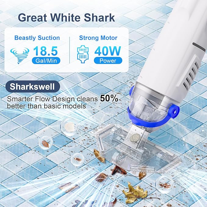 (2025 Upgraded) Cordless Pool Vacuum with Telescopic Pole, 60 Min Powerful Suction & Transparent Head, Rechargeable Handheld Cleaner for Above Ground Pools, Inground Pools, Hot Tubs and Spa