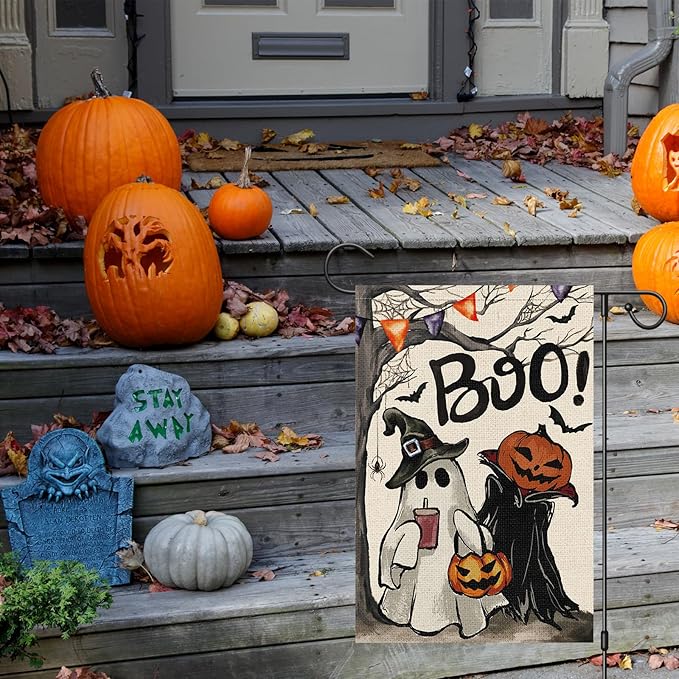 Halloween Garden Flag 12x18 Inch Double Sided for Outside, Small Burlap Boo Ghost Pumpkin Yard Flag Holiday Outdoor Decorations