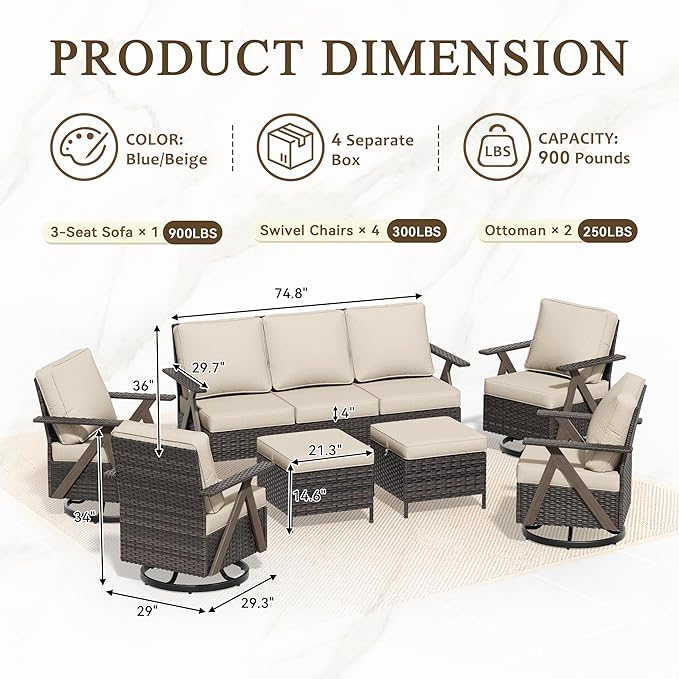 7 Pieces Patio Furniture Set,Outdoor Sofa & High Back Swivel Rocker Patio Chairs, Wicker Conversation Set with Ottoman for Deck Yard and Poolside