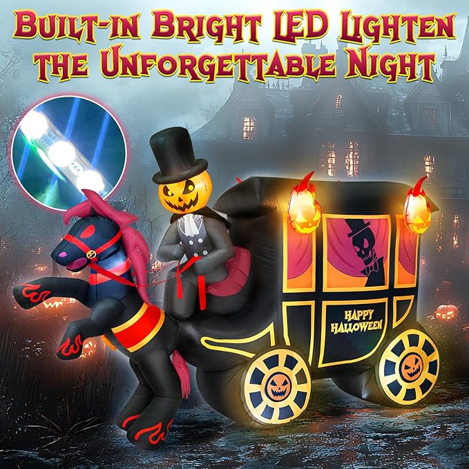 10FT Long Halloween Inflatables Built-in LED Light Pumpkin-Headed Horse Carriage, Giant Halloween Decorations Outdoor Blow Up Yard Decorations Spooky Ghost Carriage Halloween Blowups for Lawn Party