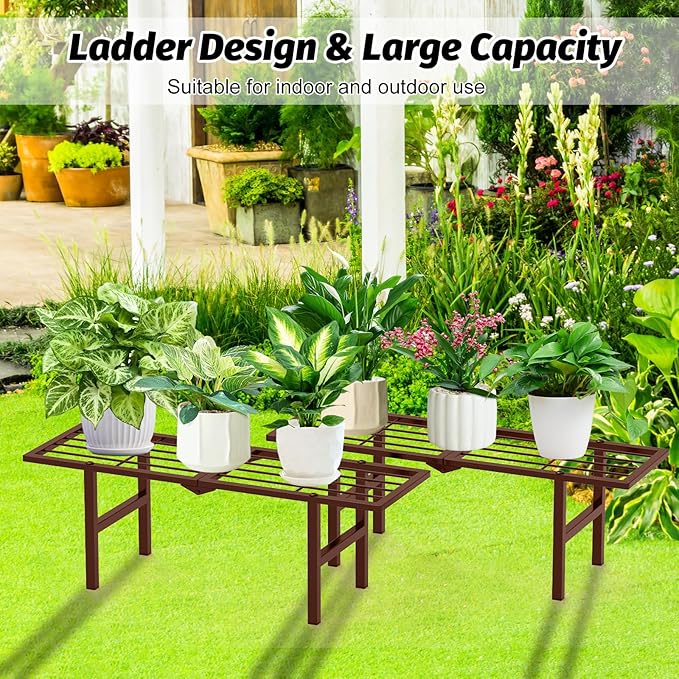 2 Pack Metal Plant Stand Outdoor Indoor, 1 Tier Folding Tiered Corner Flower Display Holder Shelf, Stackable Heavy Duty Multiple Plant Rack for Windowsills Patios Balconies, Brown