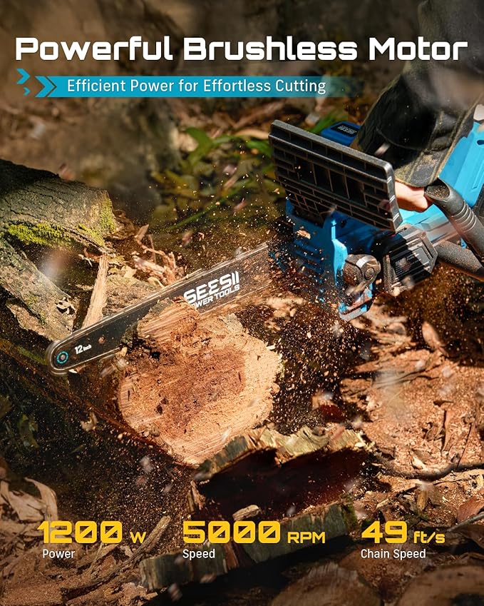 SEESII Electric Chainsaw Cordless 12-inch: Brushless Battery Powered Small Chainsaw, 2 x 4.0Ah Batteries, Auto-Tension and Oiling Mini Chain Saw for Christmas Dad Men Gifts, Tree Cutting Trimming