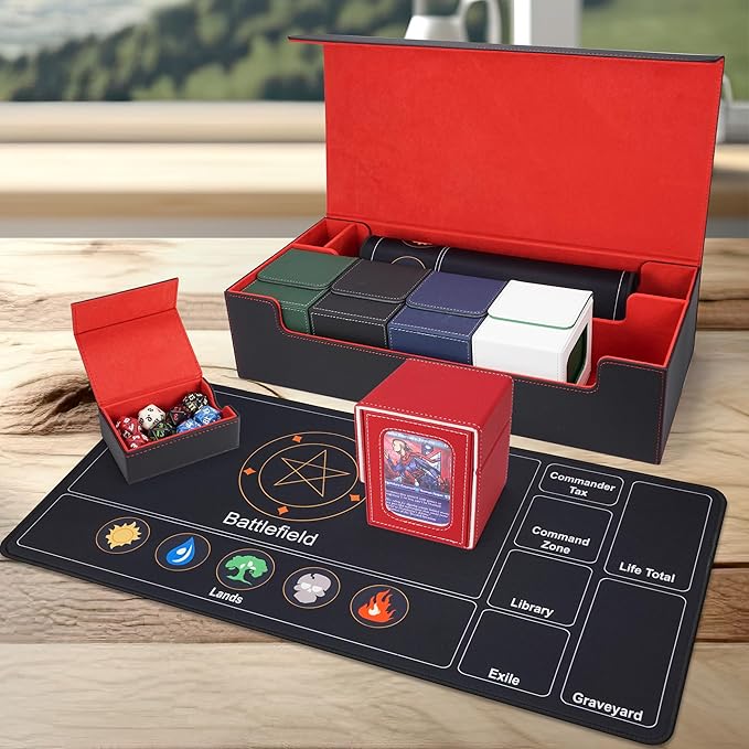 AFIING MTG Deck Box 6 In1 with MTG Playma,Premium Card Storage Box with 5 Pcs MTG Deck Box Holds 2400+ Trading Cards, Large TCG Card Deck Case for Magic Yugioh Sports Cards (Black&Red)