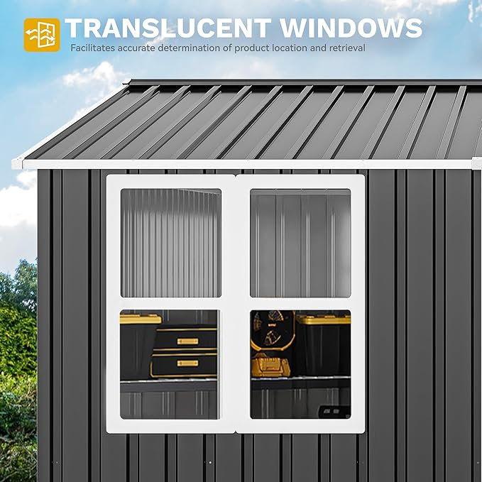 DWVO 10x10ft Large Tool Storage Shed with Window, Lockable Doors, and Sloped Roof, Oversized Steel Outdoor Storage Shed for Garden, Patio, Garage, Backyard, Lawn(Gray + White)