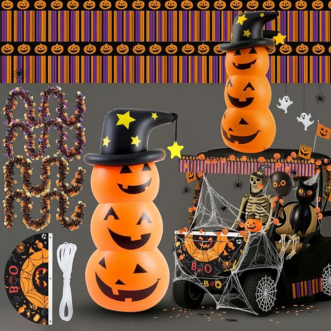 Hungdao 5ft Halloween Inflatable Pumpkin Halloween Golf Cart Decorations Kit PVC Blow Ups Pumpkins Tinsel Garlands Tinsel Streamers Fan Flag, Reusable Outdoor Decoration for Parade Yard