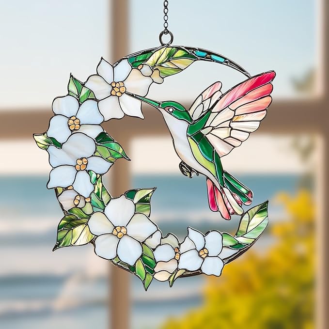 Hummingbird Crescent Moon Acrylic Suncatcher Stained Glass Effect Window Car Hanging Christmas Ornament Indoor Outdoor Decor Garden Sun Catcher Gift for Bird Lover for Women Mom Grandma