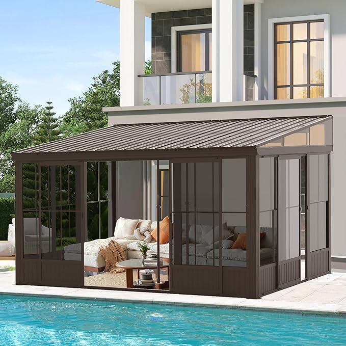 12'x14' Lean to Sunroom, All Weather Wall Mounted Solarium, Hardtop Aluminum Gazebo with Galvanized Steel Roof, 2 Sliding Doors, PVC Screens, Outdoor Permanent Sun Room for Patio, Deck, Backyard