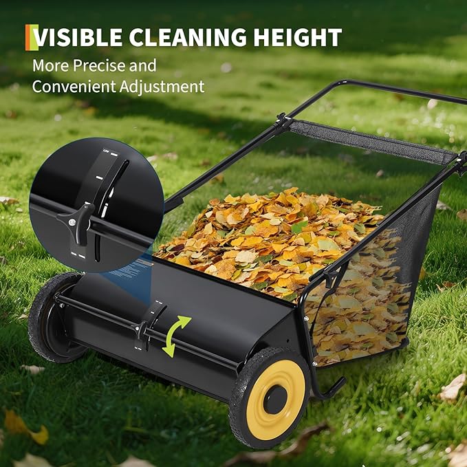 GAOMON 26-Inch Push Lawn Sweeper, Grass, Lawn and Leaf Cleanup Collector with Large 7 cu. ft. Hopper Bag, and Dual Spinning Brushes, Black
