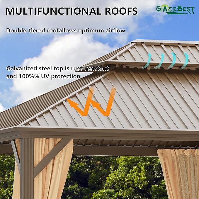 12'x20' Hardtop Gazebo Outdoor Aluminum Patio Gazebo Double Roof Galvanized Steel Canopy with Netting and Curtains for Garden, Backyard,Deck and Lawns