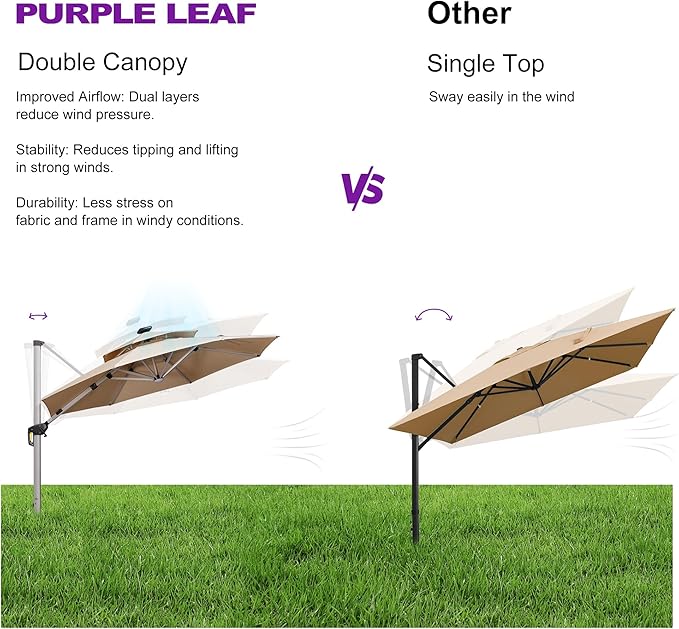 PURPLE LEAF 12ft Solar powered LED Patio Umbrella Outdoor Round Umbrellas Large Cantilever Umbrellas with LED lights Windproof Offset Umbrella Heavy Duty Sun Umbrella for Garden Deck Pool Patio, Beige