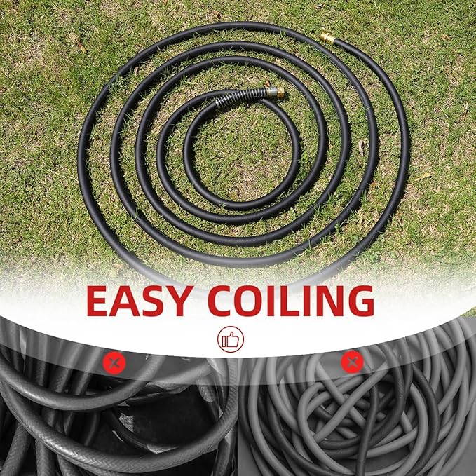WiseFlow Garden Hose 150FT x 5/8", Heavy Duty Rubber Hose, Water Hose with Five Layered Braiding, Male Female Fittings, 1000PSI Burst, 300PSI Working (Black)