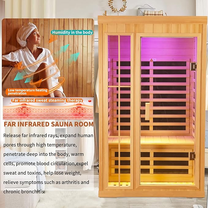 1 to 2 Person Infrared Sauna,Hemlock Wood Low EMF FAR Dry Sauna Indoor Saunas for The Home Remote Control, with Colored Lights 1350W,Room:75.59 * 35.82 * 40Inch