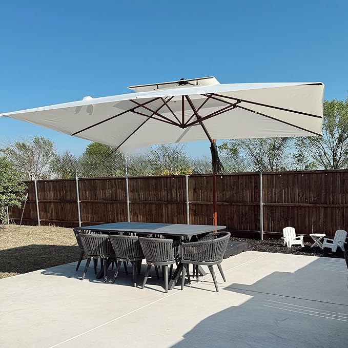 PURPLE LEAF 10' X 13' Double Top Deluxe Wood Pattern Rectangle Patio Umbrella Offset Hanging Umbrella Outdoor Market Umbrella Garden Umbrella, Cream