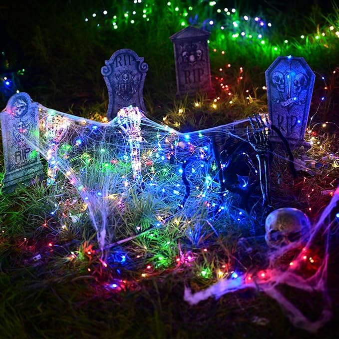 Maxee Halloween Lighted Skeleton Set, Skull Arm Stakes with 1 Remote Green Lights (36 LEDs, 8 Light Modes & Timing Function), 2 Purple Lights (3 Modes), Decoration for Outdoor Yard Garden Graveyard