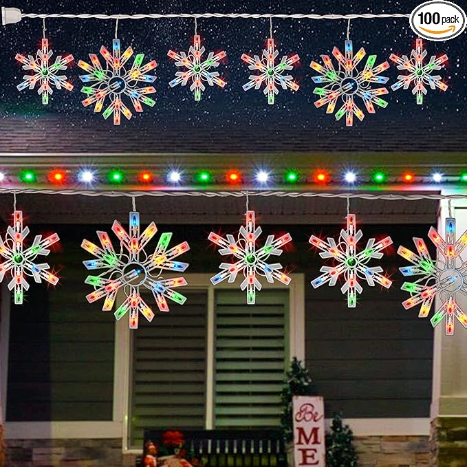 Dazzle Bright Christmas Snowflake Lights Outdoor,100 Count 8.5FT Connectable Waterproof Christmas Icicle Lights with 6 Drops Plug in for Indoor Xmas Yard Home Decorations (Multi-Colored)