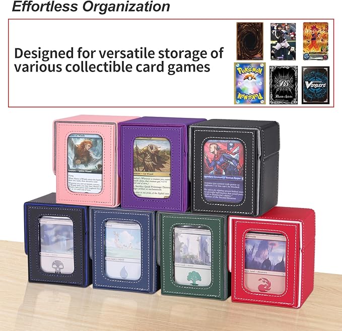 AFIING MTG Deck Box for Commander Display,Card Deck case Fits 100 Double Sleeved Cards, Magic Commander TCG Card Storage Box with 2 Dividers,Dice Bag and 1 Toploader(Purple)