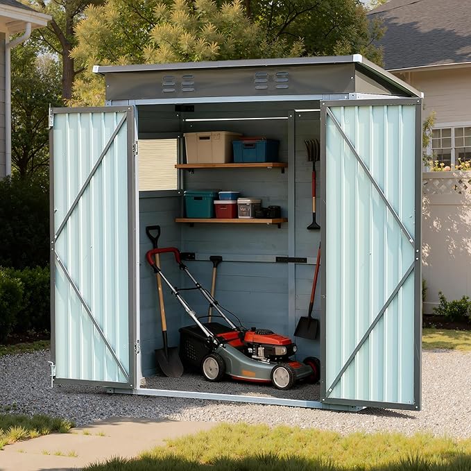 Galvanized Steel Frame & Solid Cedar Wood Wall Shed | 3x5ft Outdoor Storage Shed with Lockable Double Doors & Ventilation Windows for Garden, Lawn, Patio