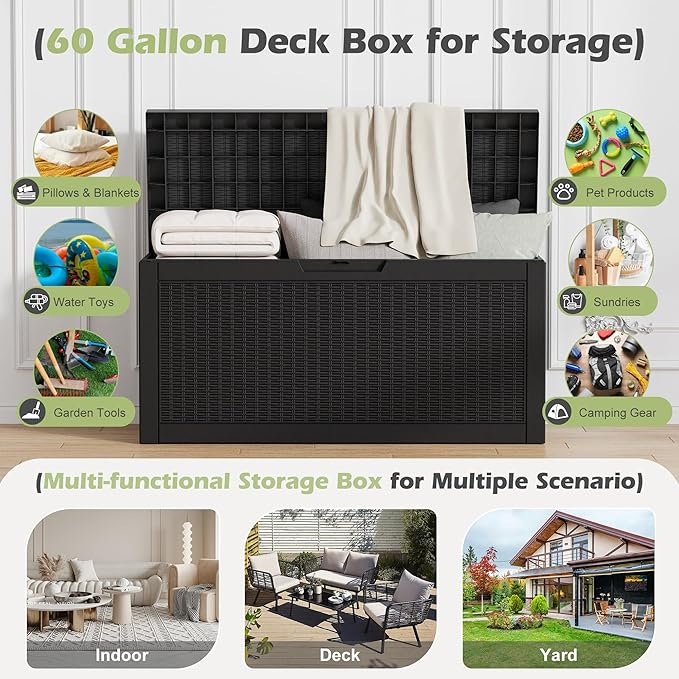 59 Gallon Outdoor Storage Deck Box Waterproof,Large Resin Storage Container for Outside,Patio Accessories for Outsid,Backyard Delivery Boxes,Lockable Lid,Rattan Black