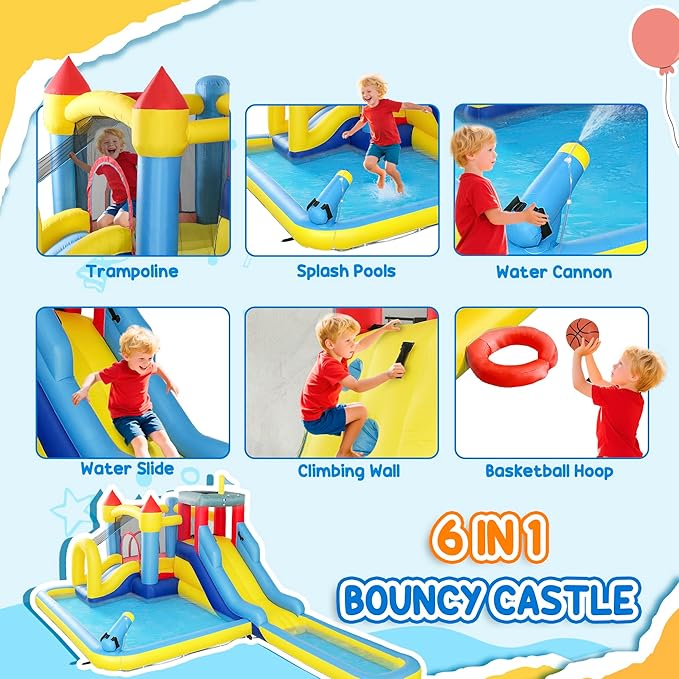 Qaba Inflatable Water Slide, Kids Bounce House Park 6 in 1 with 550W Blower, Splash Pools, 2 Slides, Trampoline, Climbing Wall, Cannon, Basketball Hoop, for Backyard, Party