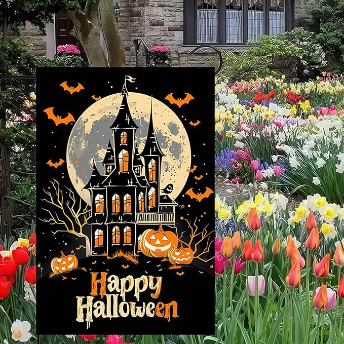 Garden Flags 12x18 Inch Halloween Garden Flag Double-Sided Haunted House Pumpkin Bats Moon Outdoor Fall Yard Sign Holiday Banner for Porch Lawn Decor