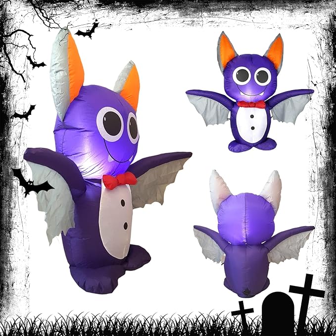 Dearsun 4FT H Adorable Halloween Inflatable Purple Bat with Build-in LED Lights Blow up Outer Indoor Decoration Large Party Yard Decoration