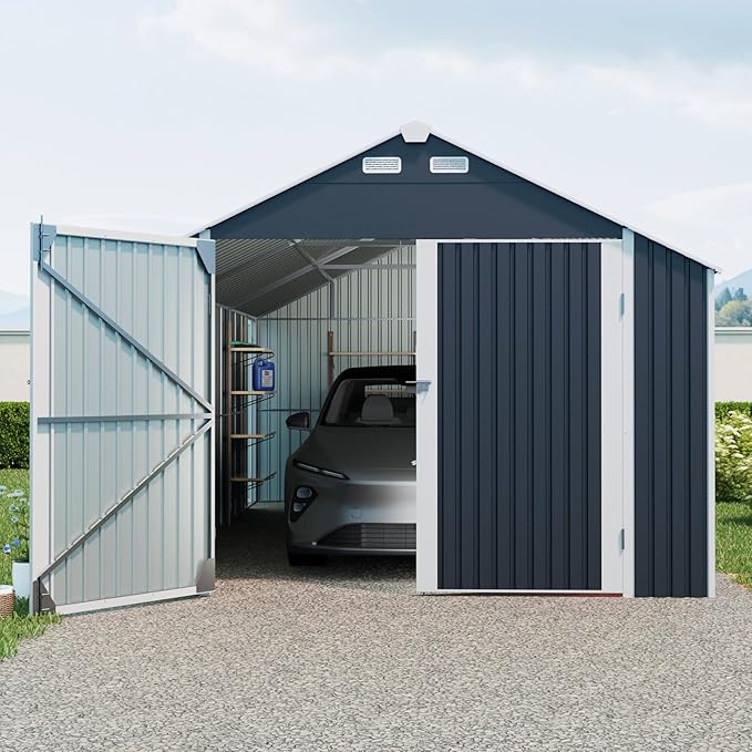 12x20 FT Outdoor Storage Shed,Metal Shed W/ 2 Lockable Hinged Doors & 4 Air Vents,Weatherproof Garden Garage Shelter W/Sloped Roof,for Backyard,Lawn,Car,Black
